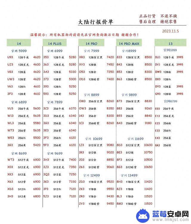 2023年11月5日华强北手机批发报价单