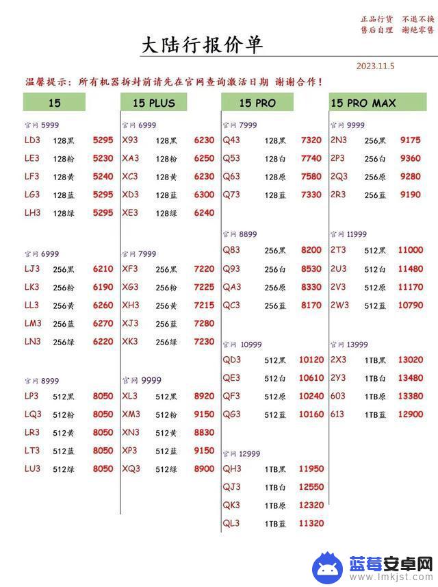 2023年11月5日华强北手机批发报价单